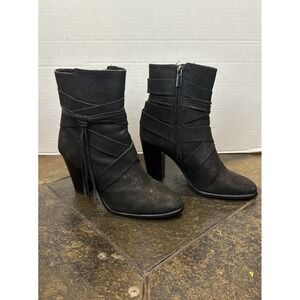 Vince Camino  Black Leather Boots Booties High Heel Women's 8 Ankle Strap Fringe